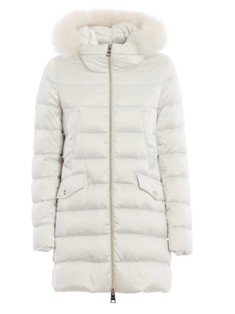 Herno Cream White Long Down Puffer Coat with fox fur Trim Hood- 42
